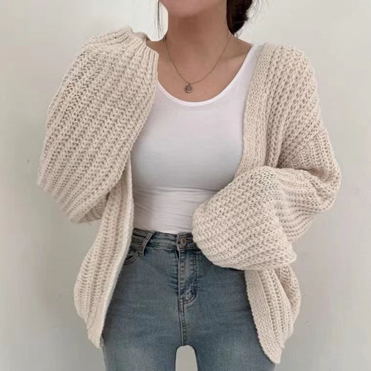 Cardigan en Maille Uni à Manches Bouffantes