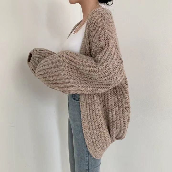 Cardigan en Maille Uni à Manches Bouffantes