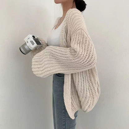 Cardigan en Maille Uni à Manches Bouffantes