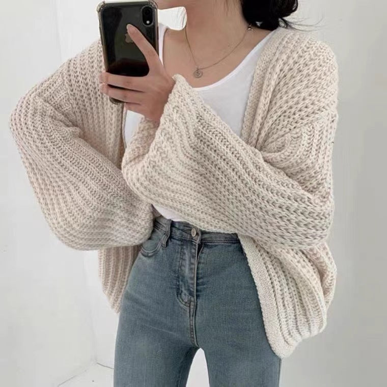 Cardigan en Maille Uni à Manches Bouffantes