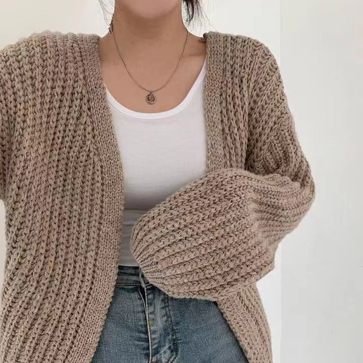 Cardigan en Maille Uni à Manches Bouffantes