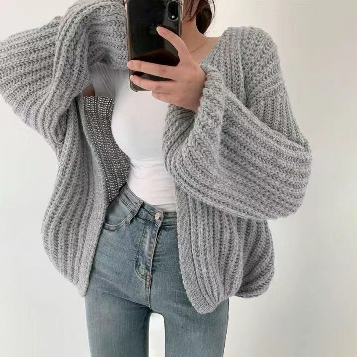 Cardigan en Maille Uni à Manches Bouffantes